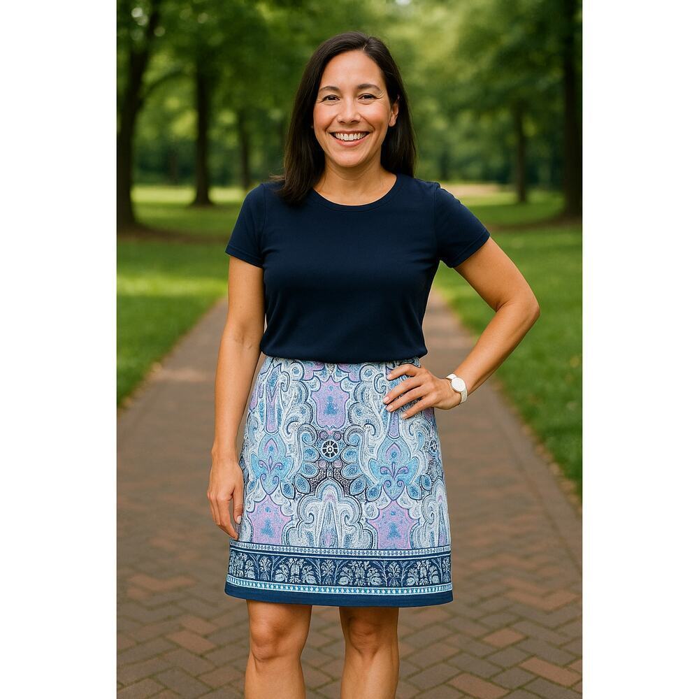 Talbots Paisley Navy Pink Print Cotton Blend Stretch Pencil Skirt - Size 8